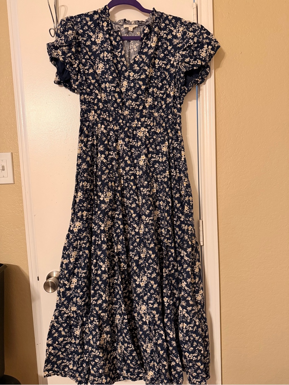 Navy Floral Ruffle-Sleeve Maxi Dress